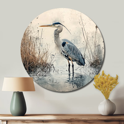 Relaxing Heron In The Marsh - Heron Round Metal Wall Art, Modern Grey Metal Art Print