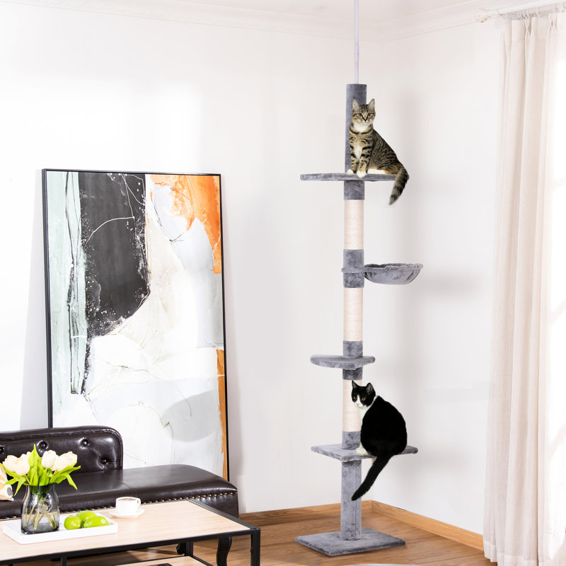Centre de plancher vertical pour chat 9 pi - gris et blanc Hauteur réglable de 90,5 po à 105,2 po, 5 plateformes, 3 zones de grattage de corde, panneau de particules, coussin confortable de 220 g / m², gardez vos meubles en place