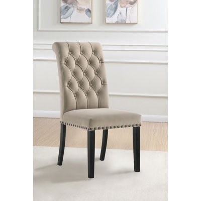 Millville Button-Tufted Velvet Dining Side Chair with Nailhead Trim, Sand and Rustic Espresso