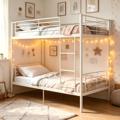 Lit superposé en métal simple au-dessus de simple avec échelle et garde-corps élevé, capable de se fendre, support en lattes d'acier robuste pour l'école, espace de rangement sous le lit, aucun sommier requis, silencieux, blanc