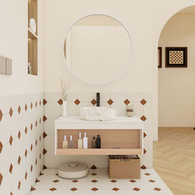 36 Inch Floating Bathroom Vanity With Marble Vessel Sink, Wall-Mounted Design Featuring Open Shelf Storage And Moisture-Resistant Construction For Modern Small-Space Bathrooms.