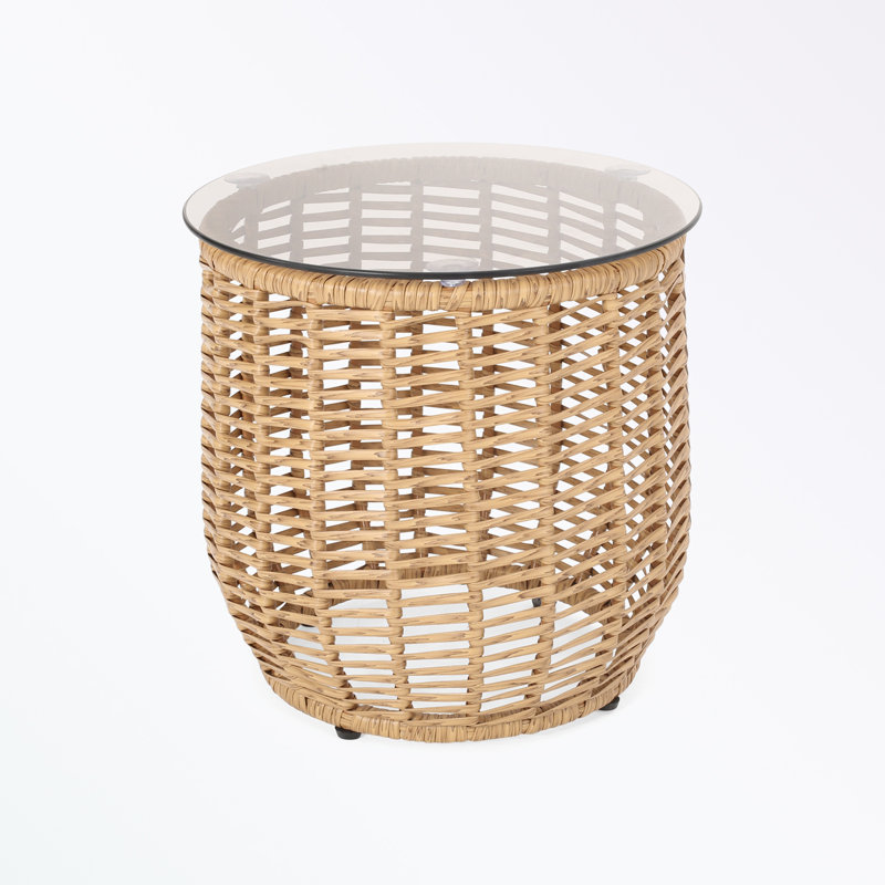 Round shape Patio Tables with glass table top and sturdy base, Light Brown