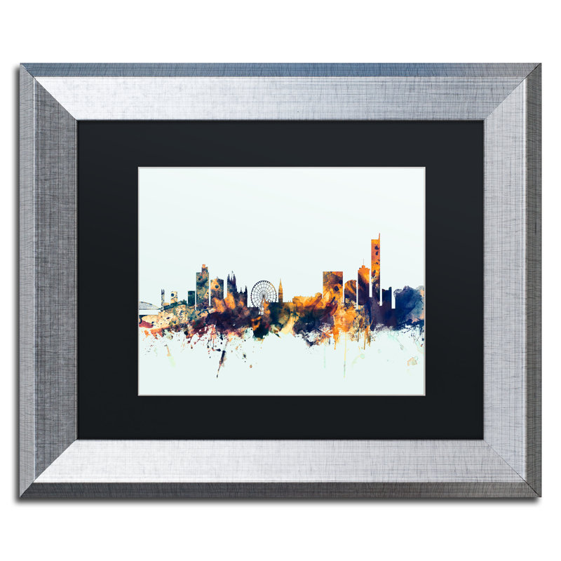 «Manchester Skyline Blue», impression encadrée, H 11 po x l 14 po x P 0,5 po, Cadre argenté, Noir