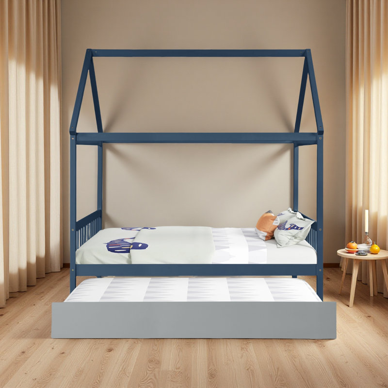 Structure de lit en bois massif avec lit gigogne, aucun sommier nécessaire, Bleu