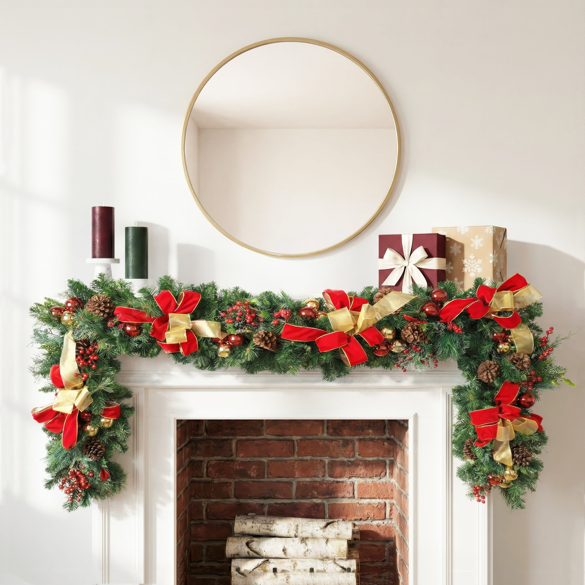 9' Holiday Garland with Ornaments, Pinecones and Bows