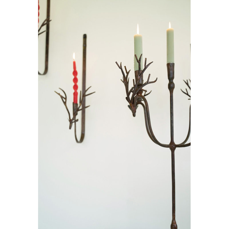 Kalalou Set of 2, 24" H Deer Wall Sconces Forged Iron Rustic Brass Candle Holders for Home Decor