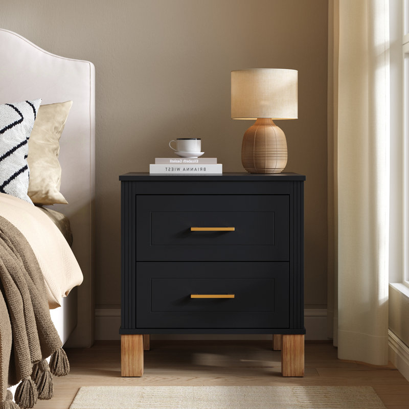 Table de chevet 2 tiroirs, rangement en bois de qualité supérieure avec design cannelé élégant, Black