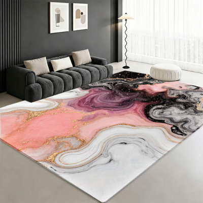 Tapis abstrait à motif de tourbillons en marbre rose et noir à motif abstrait, motif de pierre moelleuse douce et luxueuse, tapis antidérapant doux et durable lavable à la machine, décoration intérieure élégante et moderne pour le salon, la chambre à coucher, le bureau, le dortoir