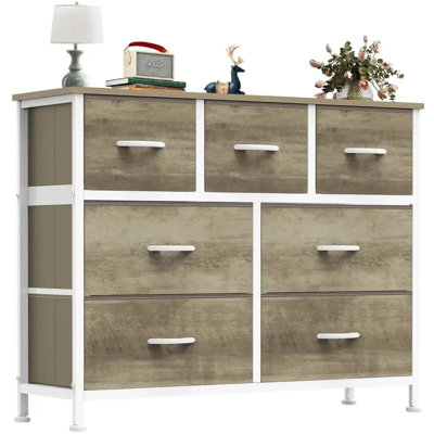 Organisateur de rangement à 7 tiroirs en tissu avec plateau en bois, commode à cadre en acier pour vestibule de salon de chambre à coucher, armoire à vêtements avec pieds réglables