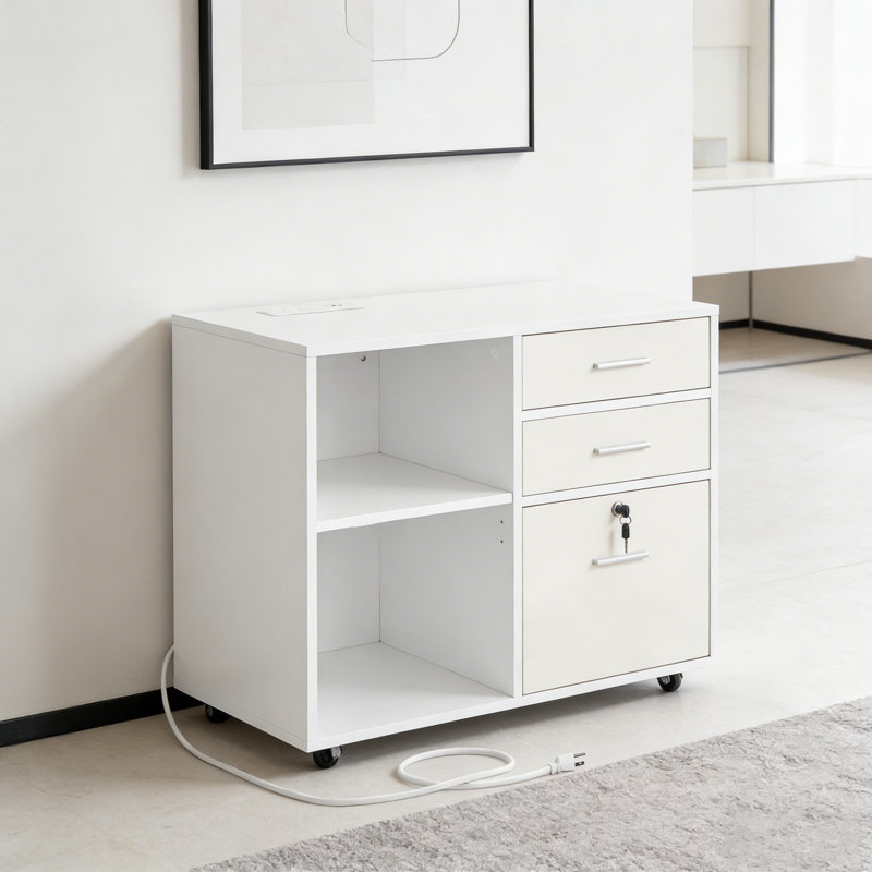 3 Drawer Wooden File Cabinet Mobile Filing Cabinet With Light Strip White