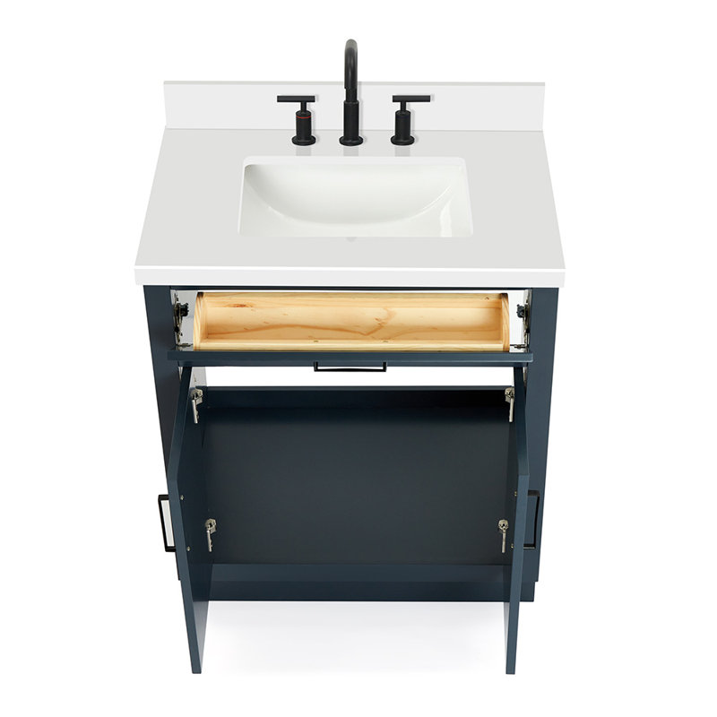 Meuble-lavabo simple 30 po en bois massif avec plateau en quartz 1,5 po Thornaby, Bleu minuit / noir mat, Forme rectangulaire