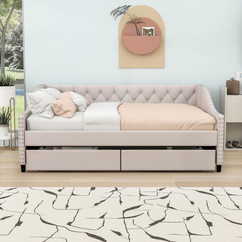 Full Size Linen Upholstered Daybed with Two Drawers, Beige