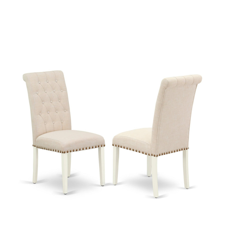 Chaises de salle à manger Bremond Parsons - Ensemble de 2 chaises rembourrées capitonnées en lin beige clair, Blanc lin