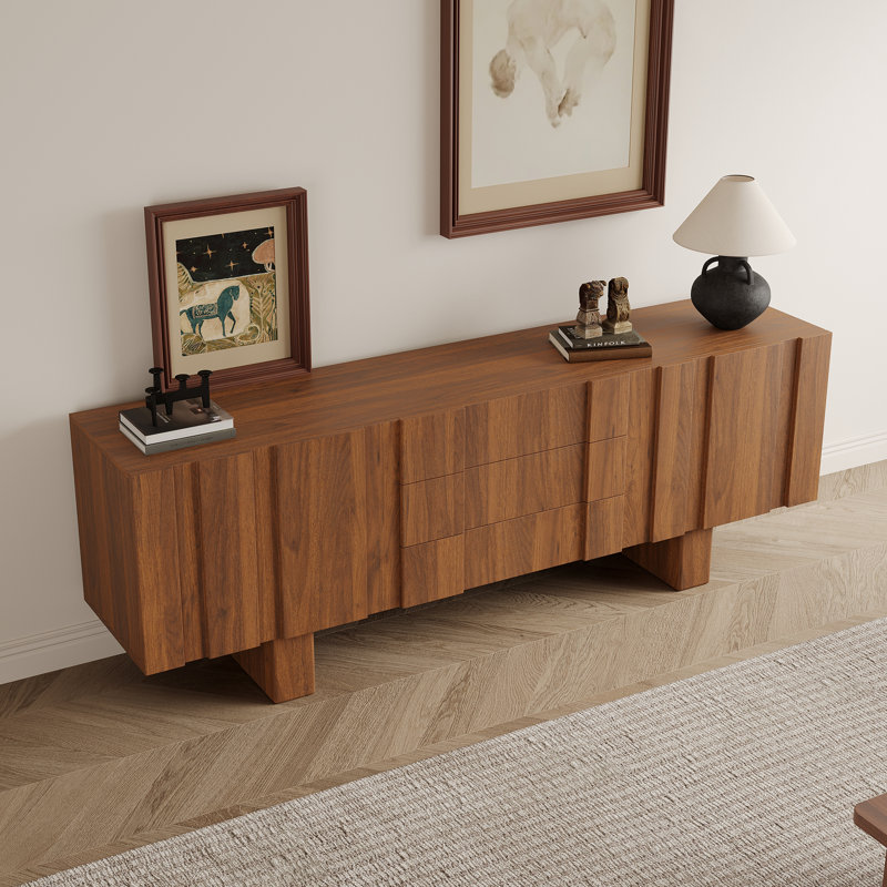 Meuble télé Mid-Century moderne en noyer de 71 po avec rangement, console média rétro avec tiroirs et armoires pour le salon