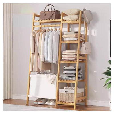 Bamboo 32" W Garment Rack with Hanging Rod ,Storage Shelves and Bag