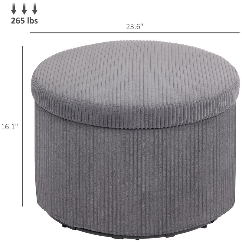 Repose-pieds rond gris en velours côtelé avec capacité de rangement de 25,6 gallons