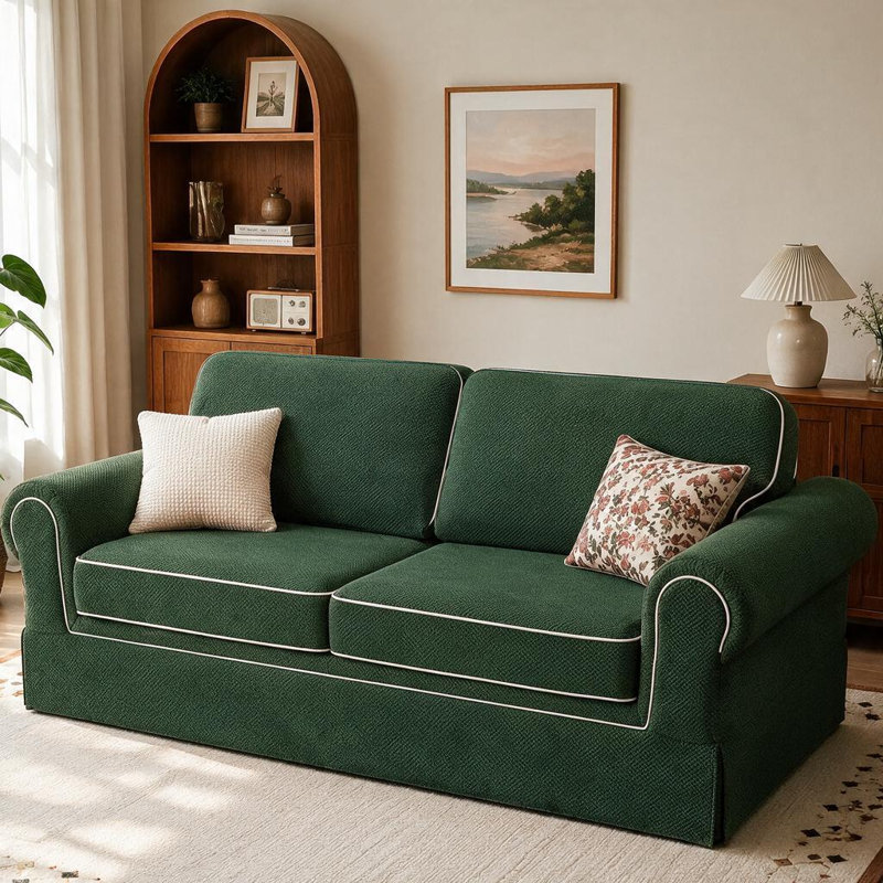 Canapé en velours côtelé de 85 po pour le salon, canapé sans accoudoirs avec larges accoudoirs roulés, canapé à assise profonde avec bords à surpiqûres, canapé confortable à 2 places écologique, vert