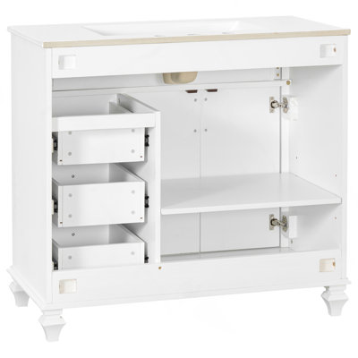 Meuble-lavabo de 91 cm avec lavabo, meuble de salle de bain en bois massif avec tiroir rabattable, 3 tiroirs et 2 portes, design élégant avec poignées en métal noir