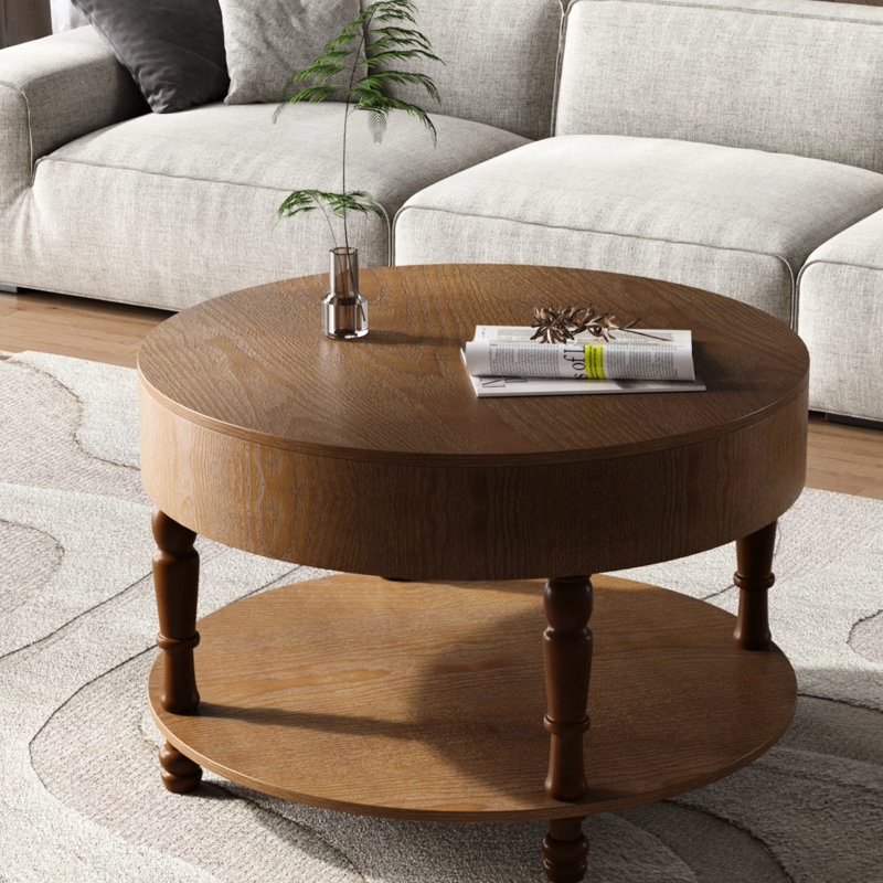 31.5" Round Coffee Table For Primary Living Space, Dual Storage Solution, Flip - Top Lid, Open Shelf, Solid Wood + , Quick Assembly, Walnut Style Table, Tabletop, Easy