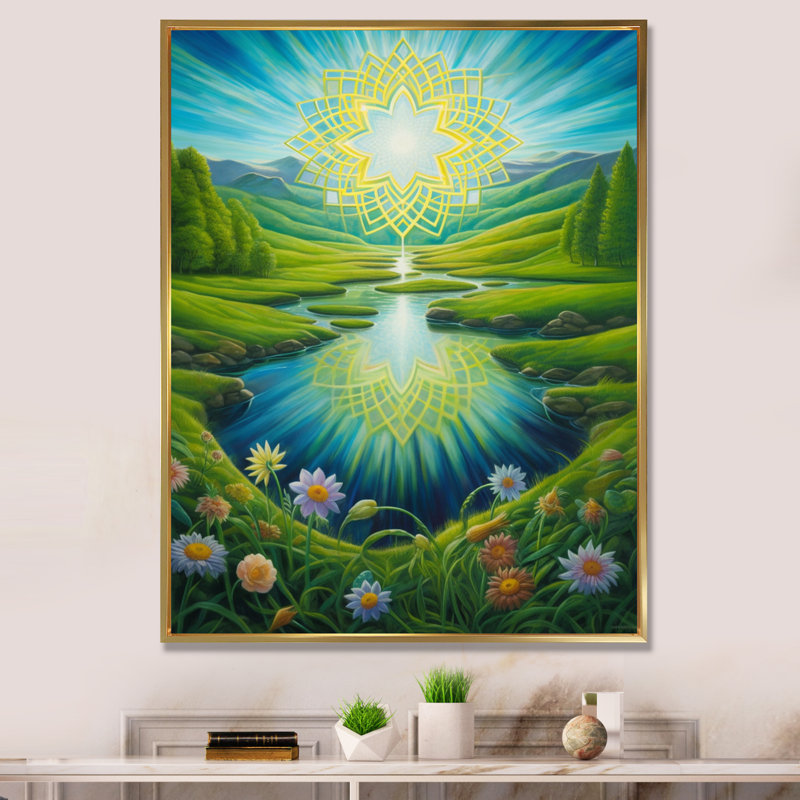 Mandala de printemps magique sur la vallée du paradis - reproduction, H 32 po x l 24 po x P 1 po, Cadre flottant doré