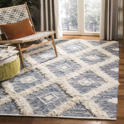 Inelda Hand Woven Wool/Cotton Geometric Rug in Blue/Ivory