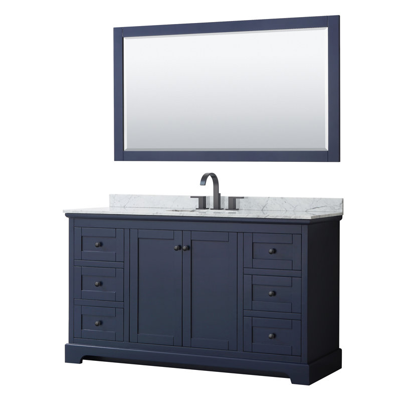 Ensemble de meuble-lavabo simple 60 po avec miroir Avery, Marbre de Carrare blanc, Bleu très foncé
