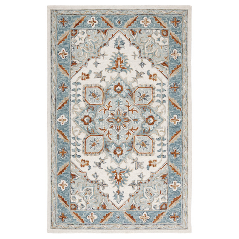 Eduvina Hand Tufted Wool/Cotton/Latex Oriental Rug in Orange/Gray/Blue, Rectangle 4' x 6'