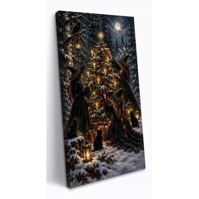 Tableau gothique de Noël sur toile, sorcières, sapin et chats noirs, décoration victorienne sombre pour salon et entrée, toile tendue sur châssis, prête à accrocher, 30 x 60 cm