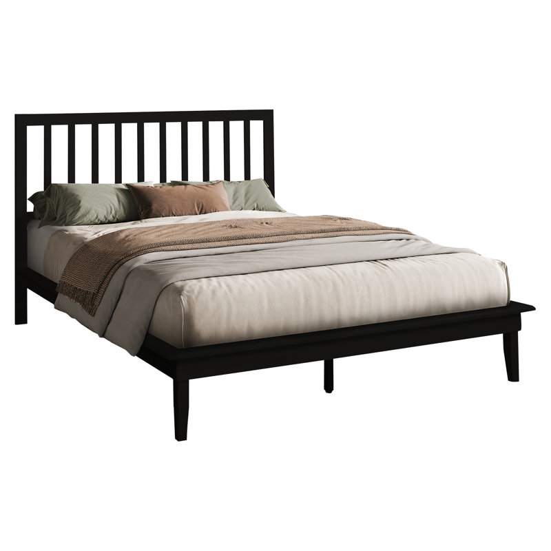 Structure de lit plateforme grand format en bois noir, design contemporain, support à 12 lattes en bois, assemblage complet illustré, système de support à lattes de 48,14 po de hauteur, guide d'assemblage, charge de 600 lb,
