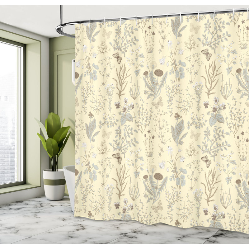 Cream Ecru Botanical Floral Fabric Shower Curtain with Hooks