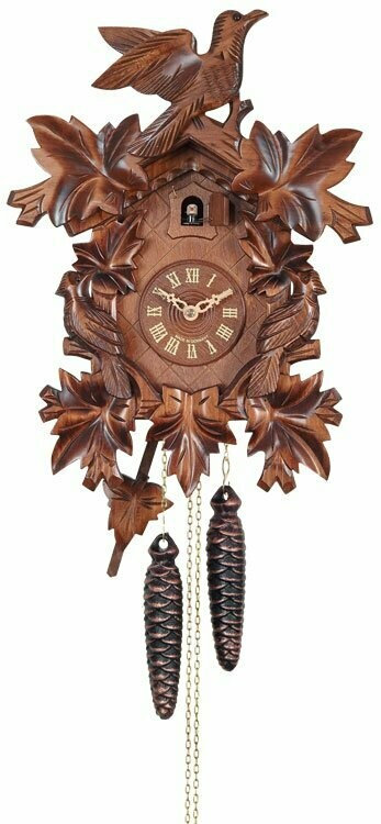  Horloge coucou sculptée à la main H 16 po, sept feuilles d'érable, trois oiseaux et cadran en bois