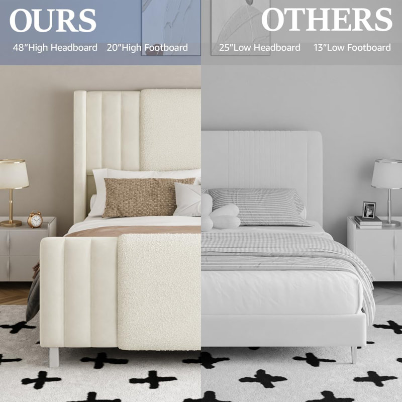 King Size Bed Frame with Tall Headboard and Footboard, Boucle and Velvet Upholstered Bed Frame Queen with LED Lights, Modern Platform Bed Frames, Noiseless, Easy Assembly, White