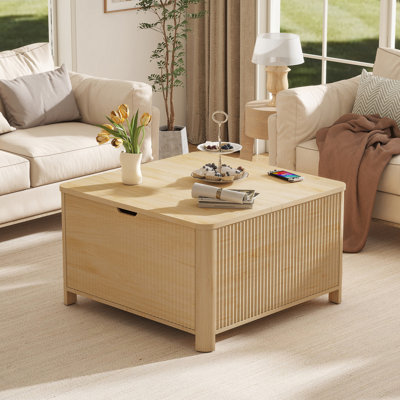 Farmhouse Lift Top Coffee Table with Storage, Natural Square Coffee Table for Living Room, 31.5"D x 31.5"W x 18.5"H