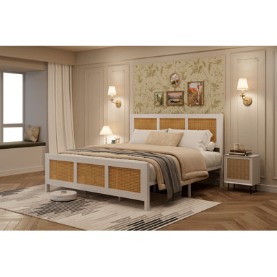 Rattan Bed Frame With Headboard, Boho Cane Platform Bed Frame With Strong Metal Slat, Noise Free
