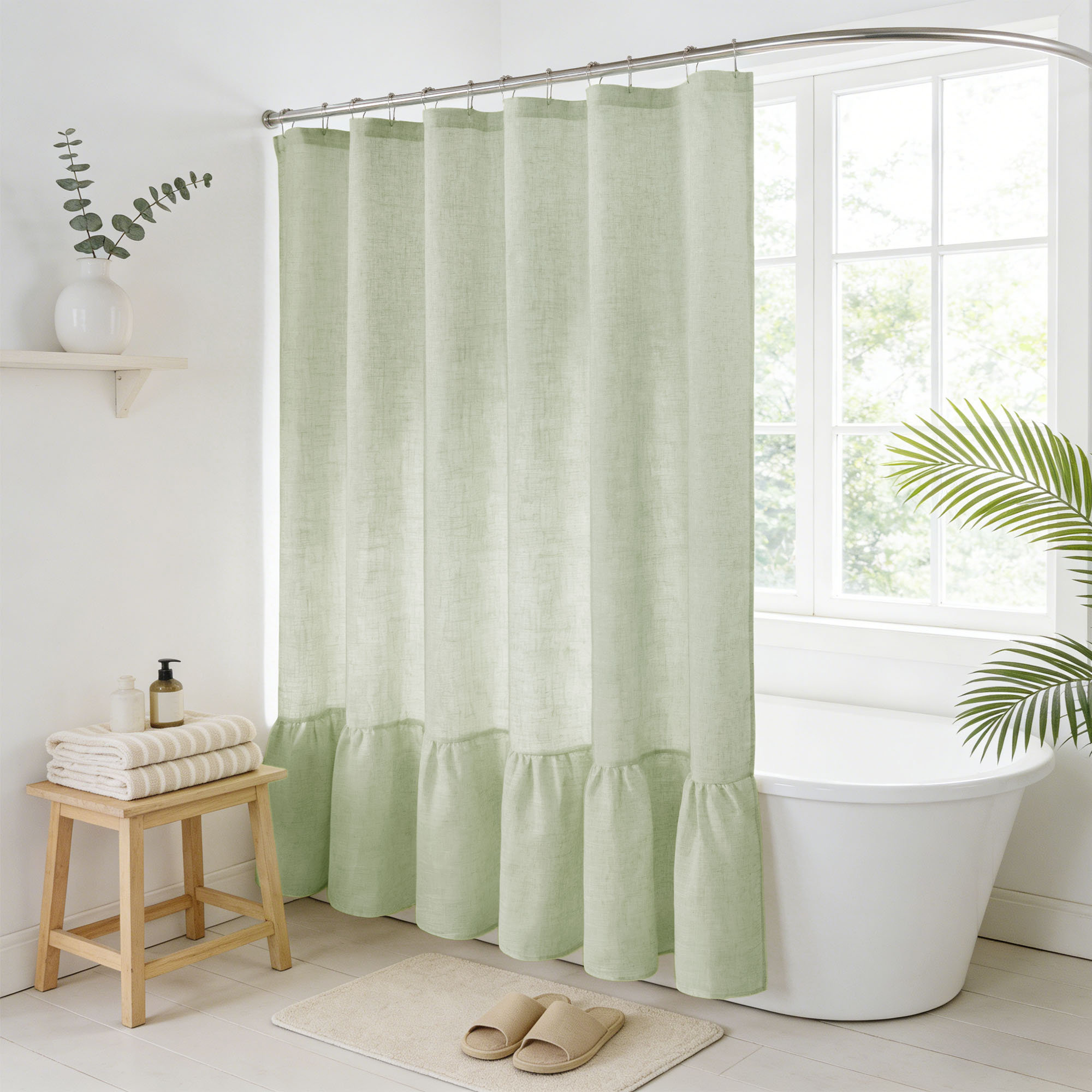 Linen Blend Farmhouse Shower Curtain With Ruffle Hem