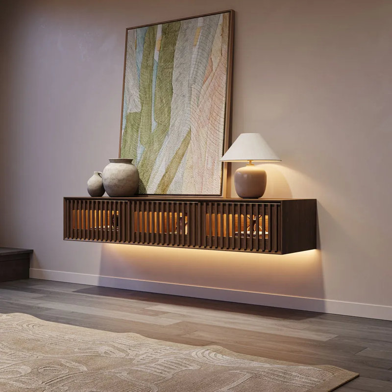 Meuble télé moderne avec lumière DEL, H 11,02 po x L 62,99 po x l 15,75 po, Brun