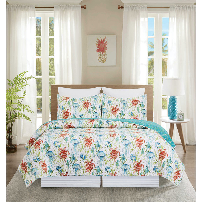 Paradise Teal/Orange Cotton Reversible Quilt Set, Twin Quilt + 1 Sham