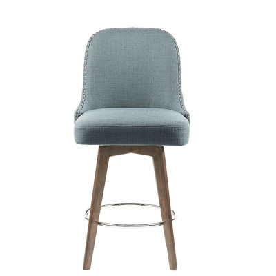 Tabouret de comptoir bleu avec siège pivotant, pieds en bois massif, repose-pieds en métal, assemblage et dossier à 360 degrés requis, argent