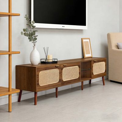 Meuble télé 78 po pour grands téléviseurs, rangement spacieux avec portes en rotin et tablettes en verre, meuble audio-vidéo moderne