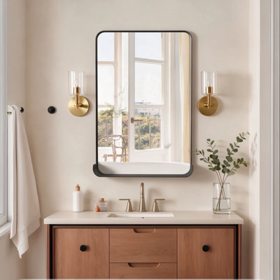 Miroir mural minimaliste moderne en métal noir avec tablette intégrée