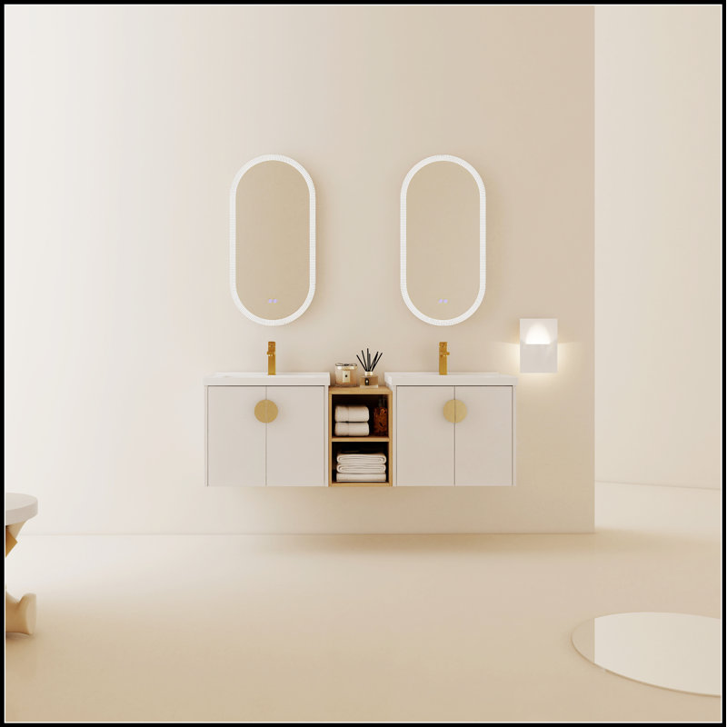 Meuble-lavabo à fermeture en douceur de 60 pouces avec lavabo et petites tablettes de rangement, parfait pour les salles de bain compactes et le design moderne.