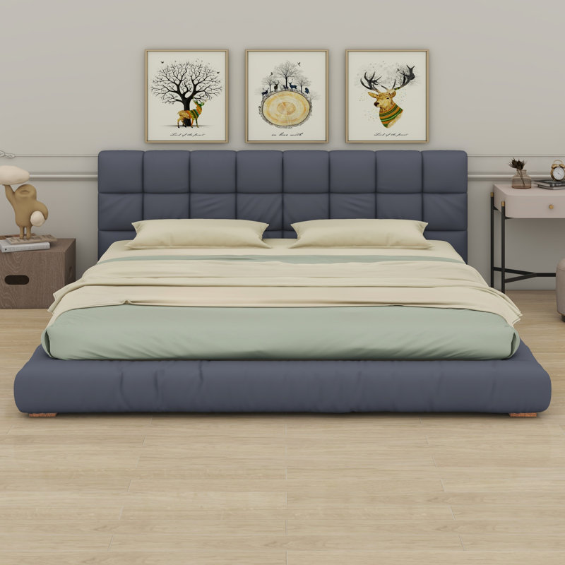 Base de lit plateforme minimaliste à profil bas, tête de lit tapissier souple, support de lattes durable, King, Grey