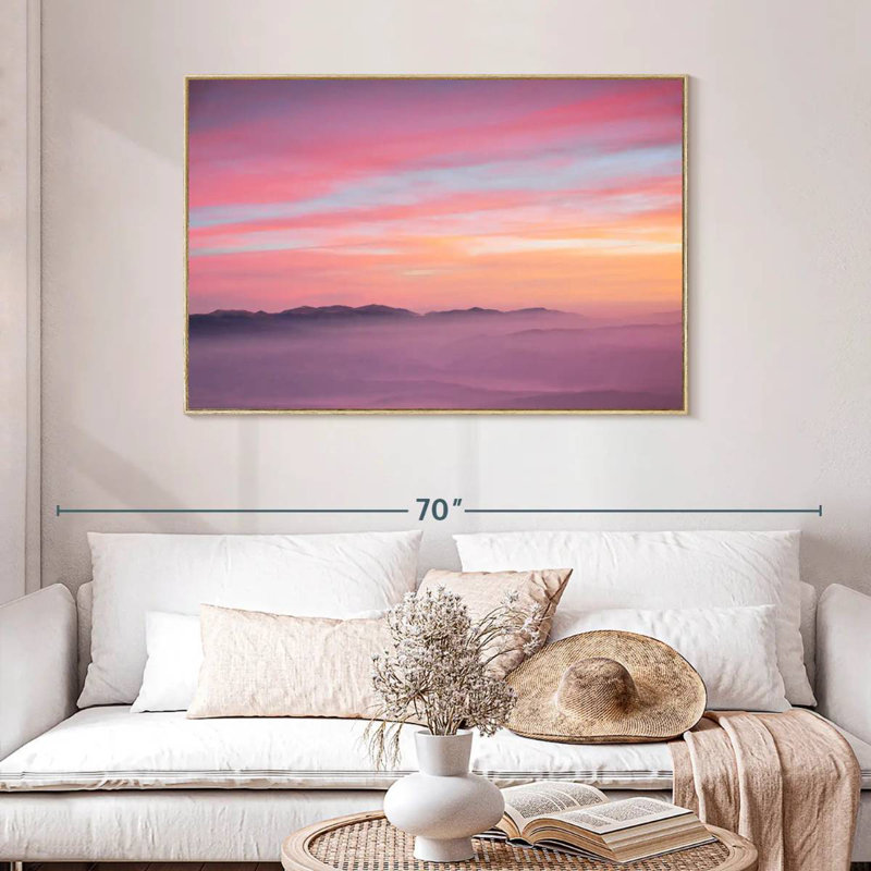 Lever de soleil rose, Cadre flottant en bois naturel, 46 po x 31 po