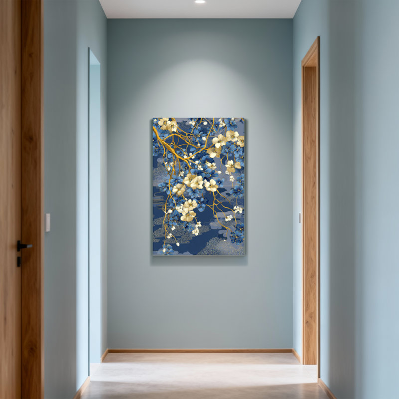 Plantes et fleurs à motif floral bleu et doré, H 36 po x l 24 po