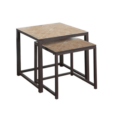 Metal Nesting Tables, Of 2, Brown Tile Tops For Living Room And Bedroom, Elegance Allure