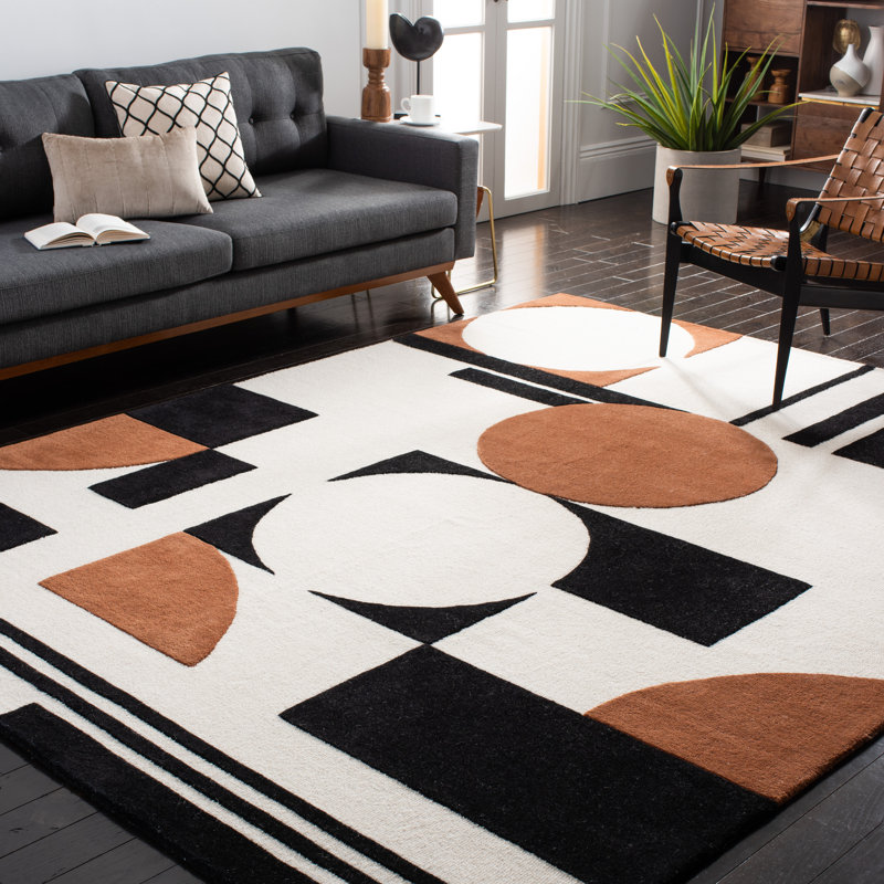 Tapis ivoire / noir / brun en laine fabriqué à la main Antoni, Rectangle 8 pi x 10 pi