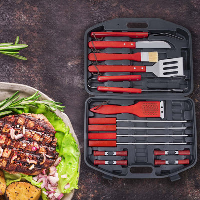 Clabaugh 18pcs Stainless Steel Non-Stick Grill Tool Set with Storage Case, Red