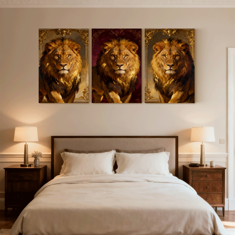 Animaux, lion, cadre doré, ensemble de 3 impressions sur toile, H 18 po x l 36 po