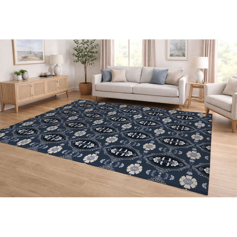 Tapis à profil bas Reeva, Marine, Rectangle 5 pi x 7 pi