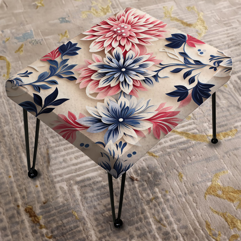 Repose-pieds rectangulaire bleu avec motif floral damassé bleu et rose